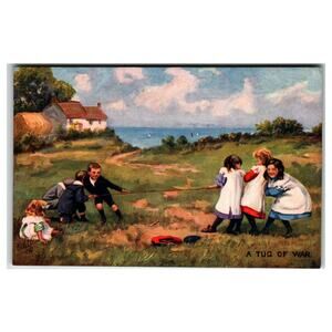 Raphael Tuck Oilette Postcard #9855 "A Tug of War" Children Play Scene